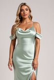 Sage Green Cold Shoulder Satin Maxi Bridesmaid Dress with Slit