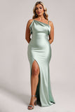 Sage Green Satin Plus Size Maxi Bridesmaid Dress with Slit