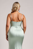 Sage Green Satin Plus Size Maxi Bridesmaid Dress with Slit
