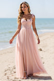 Blush A Line Spaghetti Straps Boho Maxi Bridesmaid Dress with Appliques