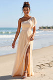 Apricot Chiffon One Shoulder A Line Boho Maxi Bridesmaid Dress