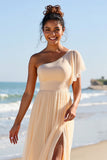 Apricot Chiffon One Shoulder A Line Boho Maxi Bridesmaid Dress