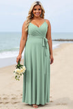 Sage Green Plus Size Chiffon Spaghetti Straps Boho Maxi Bridesmaid Dress