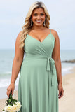 Sage Green Plus Size Chiffon Spaghetti Straps Boho Maxi Bridesmaid Dress