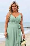 Sage Green Plus Size Chiffon Spaghetti Straps Boho Maxi Bridesmaid Dress