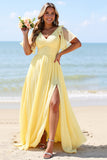 Yellow Chiffon A Line V-Neck Boho Maxi Bridesmaid Dress with Slit