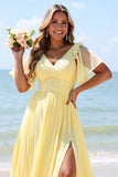 Yellow Chiffon A Line V-Neck Boho Maxi Bridesmaid Dress with Slit