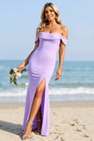 Lilac Satin Off the Shoulder Boho Maxi Bridesmaid Dress with Slit