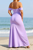 Lilac Satin Off the Shoulder Boho Maxi Bridesmaid Dress with Slit