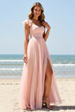 Blush A Line Boho Pleated Maxi Bridesmaid Dress with Slit