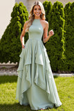 Sage Green Chiffon A Line Maxi Bridesmaid Dress with Ruffles
