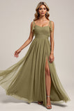 Olive Spaghetti Straps Organza A Line Maxi Bridesmaid Dress with Slit