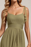 Olive Spaghetti Straps Organza A Line Maxi Bridesmaid Dress with Slit