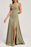 Olive Ruffled A Line Maxi Bridesmaid Dress with Slit