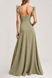 Olive Ruffled A Line Maxi Bridesmaid Dress with Slit