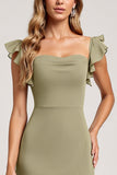 Olive Ruffled A Line Maxi Bridesmaid Dress with Slit