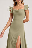 Olive Ruffled A Line Maxi Bridesmaid Dress with Slit
