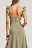 Olive Ruffled A Line Maxi Bridesmaid Dress with Slit