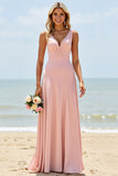 Blush V-Neck Chiffon A Line Boho Maxi Bridesmaid Dress
