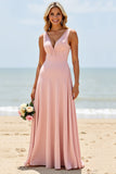 Blush V-Neck Chiffon A Line Boho Maxi Bridesmaid Dress