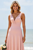 Blush V-Neck Chiffon A Line Boho Maxi Bridesmaid Dress
