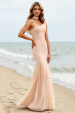 Apricot Mermaid Asymmetrical Neck Boho Maxi Bridesmaid Dress