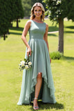 Sage Green Scoop Neck A Line High-Low Bridesmaid Dress with Ruffles