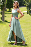 Sage Green Scoop Neck A Line High-Low Bridesmaid Dress with Ruffles