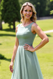 Sage Green Scoop Neck A Line High-Low Bridesmaid Dress with Ruffles