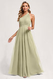 Dusty Sage One Shoulder A Line Maxi Bridesmaid Dress