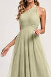 Dusty Sage One Shoulder A Line Maxi Bridesmaid Dress