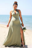 Olive Plus Size Halter Sheath Satin Maxi Bridesmaid Dress with Slit