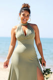 Olive Plus Size Halter Sheath Satin Maxi Bridesmaid Dress with Slit