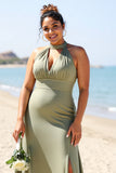 Olive Plus Size Halter Sheath Satin Maxi Bridesmaid Dress with Slit