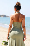 Olive Plus Size Halter Sheath Satin Maxi Bridesmaid Dress with Slit