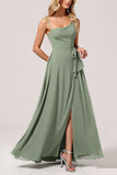 Eucalyptus A Line Spaghetti Straps Maxi Bridesmaid Dress with Slit