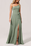 Eucalyptus A Line Spaghetti Straps Maxi Bridesmaid Dress with Slit