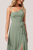 Eucalyptus A Line Spaghetti Straps Maxi Bridesmaid Dress with Slit