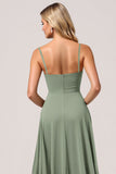 Eucalyptus A Line Spaghetti Straps Maxi Bridesmaid Dress with Slit