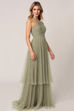 Olive Tulle A Line Tiered Halter Maxi Bridesmaid Dress