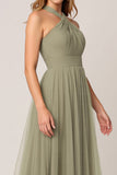 Olive Tulle A Line Tiered Halter Maxi Bridesmaid Dress