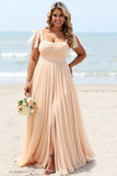 Apricot Chiffon Boho Plus Size Maxi Bridesmaid Dress with Slit