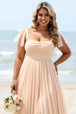 Apricot Chiffon Boho Plus Size Maxi Bridesmaid Dress with Slit