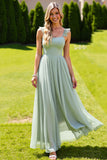 Sage Green Spaghetti Straps Maxi Bridesmaid Dress with Ruffles