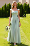 Sage Green Spaghetti Straps Maxi Bridesmaid Dress with Ruffles
