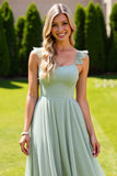 Sage Green Spaghetti Straps Maxi Bridesmaid Dress with Ruffles