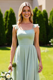 Sage Green Spaghetti Straps Maxi Bridesmaid Dress with Ruffles