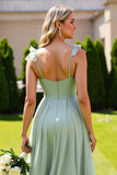 Sage Green Spaghetti Straps Maxi Bridesmaid Dress with Ruffles