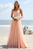 Blush A Line Spaghetti Straps Boho Maxi Bridesmaid Dress