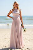 Candy Pink A Line Keyhole Chiffon Boho Maxi Bridesmaid Dress
